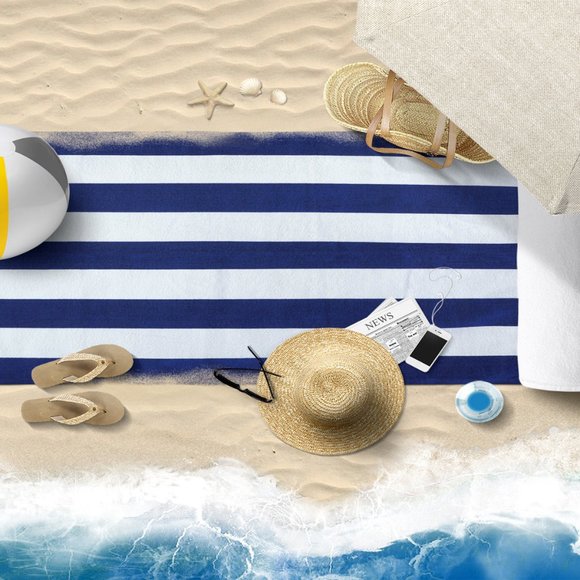 Beach Towel Navy Blue Cabana Stripes 100% Cotton - Picture 4 of 4